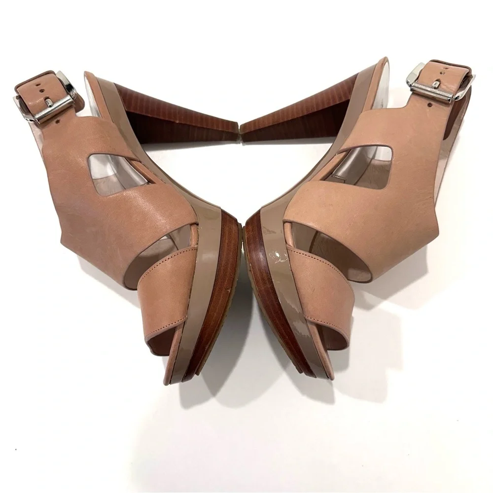 Michael Kors Tan Leather Platform Wooden Women's Heels Sandals 9.5 - Picture 6 of 9